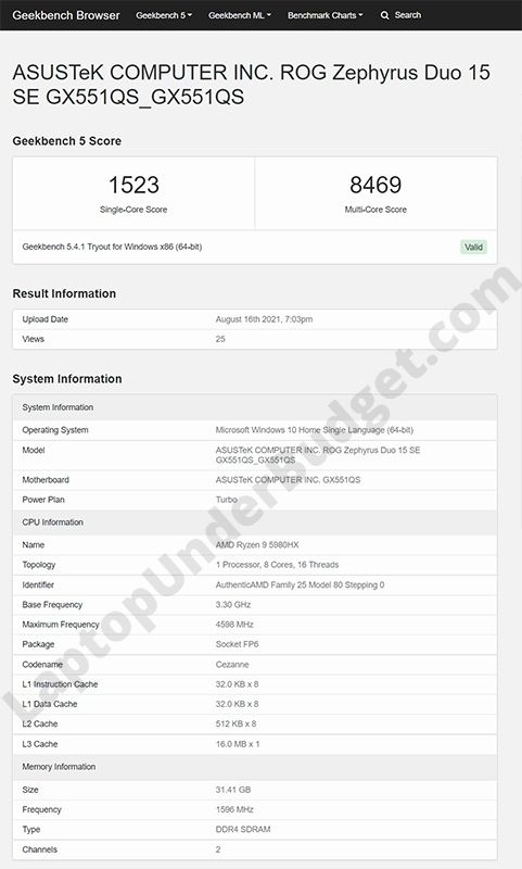 Asus ROG Zephyrus Duo 15 SE AMD Ryzen 9 5980HX Geekbench
