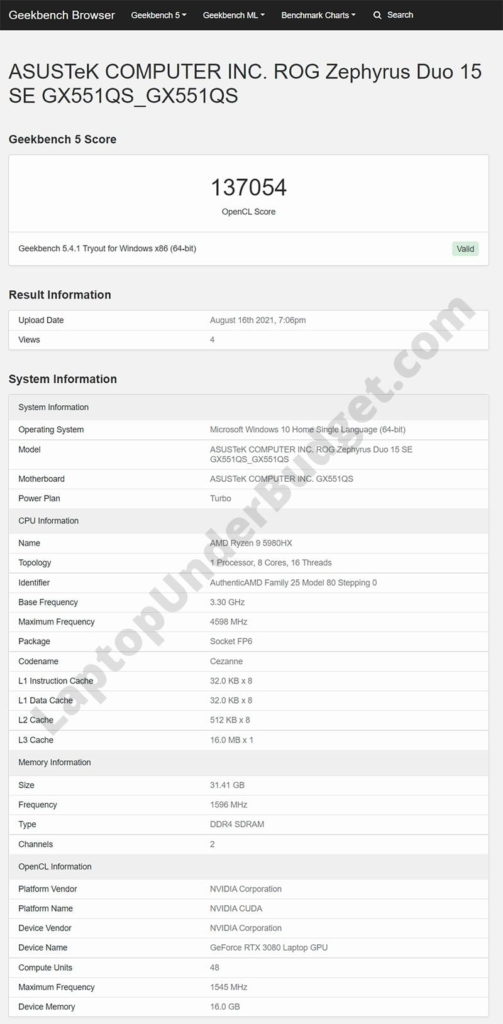 Asus ROG Zephyrus Duo 15 SE AMD Ryzen 9 5980HX and RTX 3080 OpenCL Geekbench