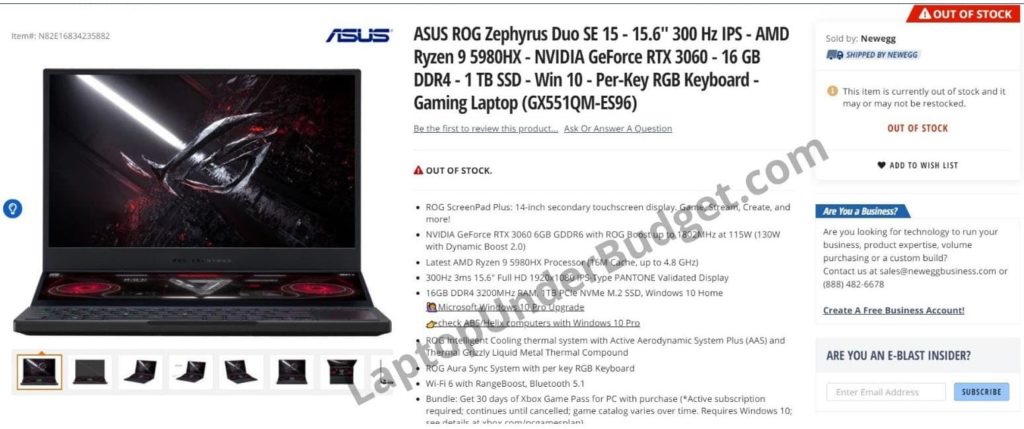 ASUS ROG Zephyrus Duo SE 15 with AMD Ryzen 9 5980HX spotted on NewEgg